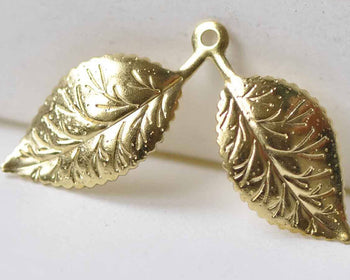 20 pcs Raw Brass Two Leaf Branch Charms Stamping Embellishments A8970