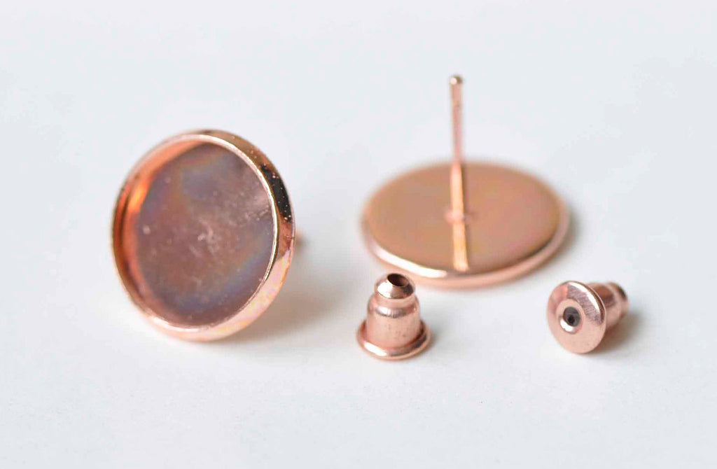 10 sets Anti Tarnish Rose Gold Ear Stud Earring Posts Bezel 8mm-16mm