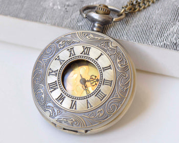 Antique Bronze Double Numerals Pocket Watch Necklace Set of 1 A2656