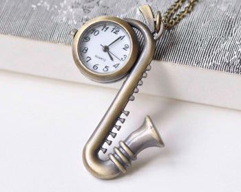 Antique Bronze Saxophone Pocket Watch Necklace Set of 1 A2697