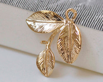 10 pcs Light Gold Three Leaf Branch With Peg Charms 23mm A4805