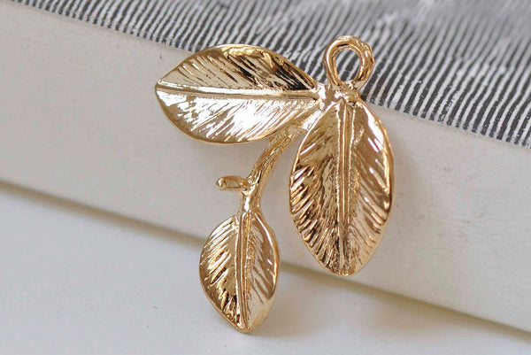 10 pcs Light Gold Three Leaf Branch With Peg Charms 23mm A4805