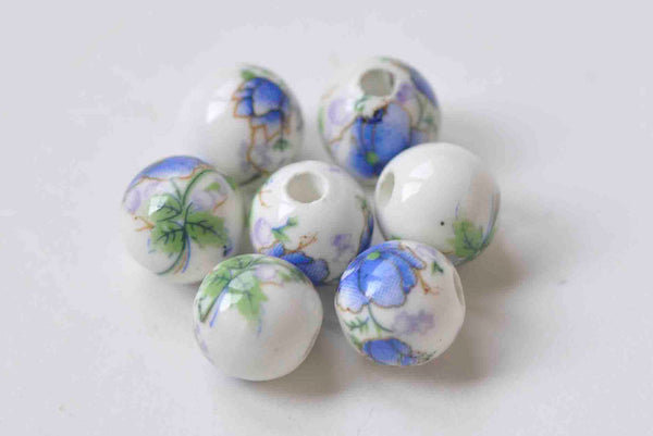 20 pcs Blue Flower Ceramic Porcelain Round Beads 6mm-14mm