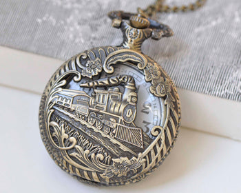 1 PC Antique Bronze Steampunk Train Large Pocket Watch Necklace A574