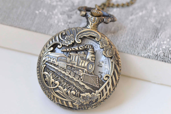 1 PC Antique Bronze Steampunk Train Large Pocket Watch Necklace A574