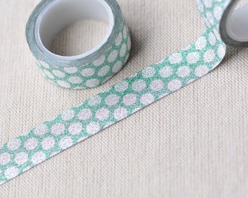 Green Glitter Washi Tape With Polka Dots 15mm Wide x 5M Roll A13140