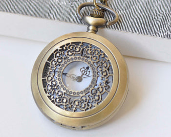 1 PC Antique Bronze Steampunk Round Pocket Watch Necklace A3357