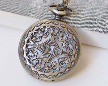 Antique Bronze Filigree Chinese Coin Pocket Watch Necklace Set of 1 A261