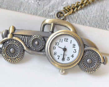 1 PC Antique Bronze Vintage Car Pocket Watch Necklace 30x32mm A2232