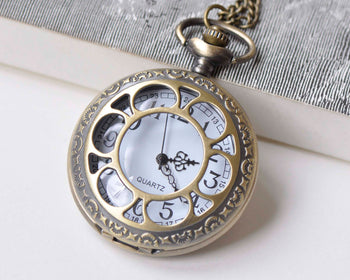 Antique Bronze Large Filigree Flower Round Pocket Watch Set of 1 A1617