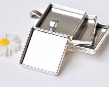 10 pcs Silver Square Base Pendant Tray Match 25x25mm Cameo A5306