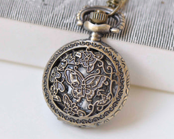 1 PC Antique Bronze Butterfly Flower Small Pocket Watch 27mm A5480