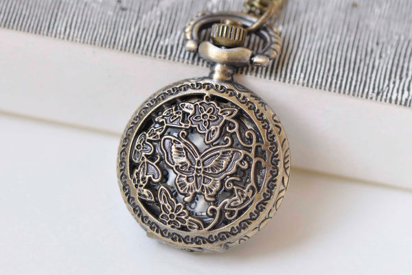 1 PC Antique Bronze Butterfly Flower Small Pocket Watch 27mm A5480