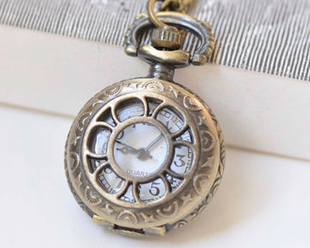 1 PC Antique Bronze Cut Out Flower Pocket Watch Necklace 27mm A426