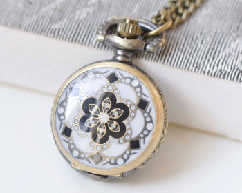 1 PC Antique Bronze White Enamel Flower Small Pocket Watch Necklace 27mm A3707