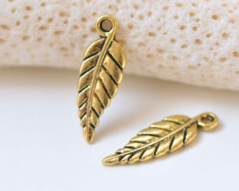 20 pcs Antique Gold Small Detailed Leaf Charms 7x16mm A6280