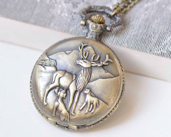 1 PC Antique Bronze Large Reindeer Pocket Watch Necklace 47mm A4149