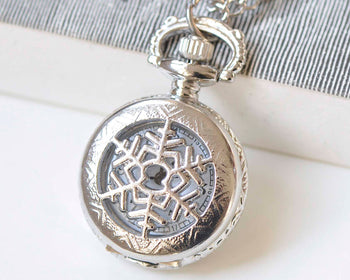 1 PC Platinum Small Snowflake Cover Pocket Watch Necklace 27mm A2194