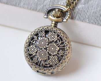 1 PC Antique Bronze Flower Pocket Watch Necklace A2620