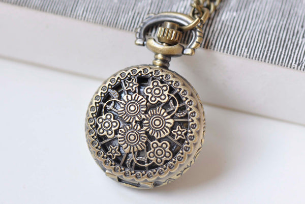 1 PC Antique Bronze Flower Pocket Watch Necklace A2620