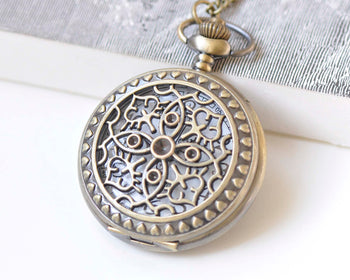 Antique Bronze Floral Pocket Watch Necklace Set of 1 A2163