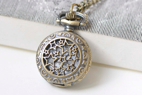 1 PC Antique Bronze Star Pocket Watch Necklace