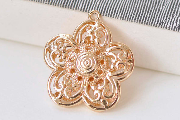 2 pcs 24K Champagne Gold Filigree Flower Pendants  27x30mm A6601