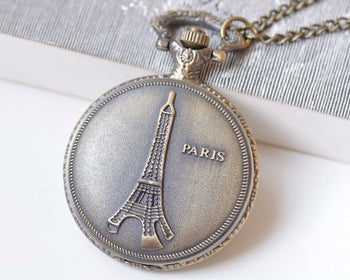 1 PC Antique Bronze Eiffel Tower Pocket Watch Necklace A1557