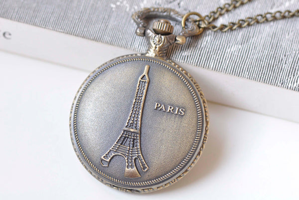 1 PC Antique Bronze Eiffel Tower Pocket Watch Necklace A1557