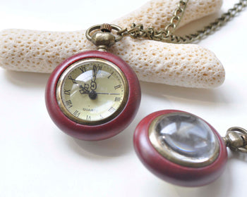 1 PC Antique Bronze Red Wood Pocket Watch Necklace A1139