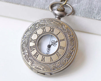 Antique Bronze Double Numerals Pocket Watch Necklace Set of 1 A6610