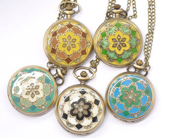 1 PC Antique Bronze Enamel Flower Large Pocket Watch Necklace 47mm