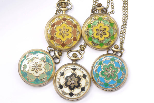 1 PC Antique Bronze Enamel Flower Large Pocket Watch Necklace 47mm