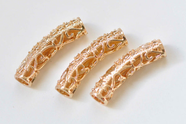 4 pcs 24K Champagne Gold Brass Curved Fancy Floral Tubes A384