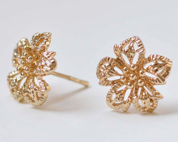 6 pcs 24K Champagne Gold Flower Ear Studs Posts With Back Loop A5186