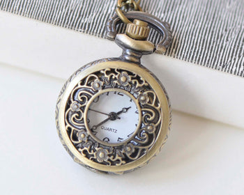 1 PC Antique Bronze Small Pocket Watch Necklace A6637