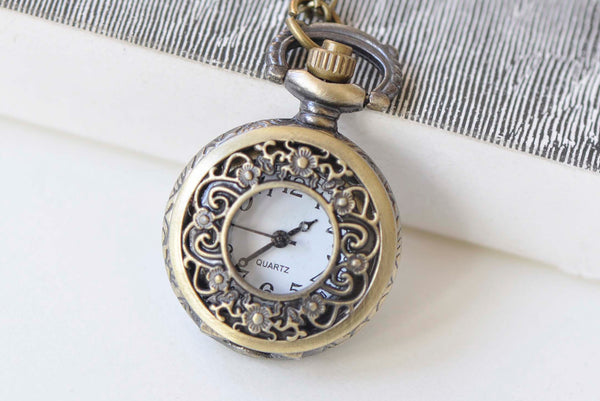 1 PC Antique Bronze Small Pocket Watch Necklace A6637