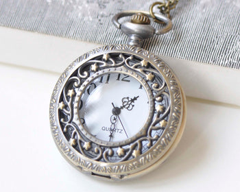 Antique Bronze Large Flower Leaf Pocket Watch Necklace Set of 1 A2381