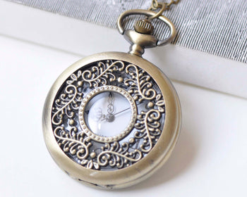 Antique Bronze Large Filigree Round Pocket Watch Necklace Set of 1 A470