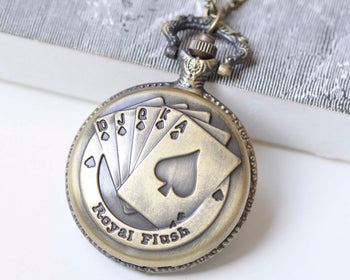 1 PC Antique Bronze Large Poker Pocket Watch Necklace A1328