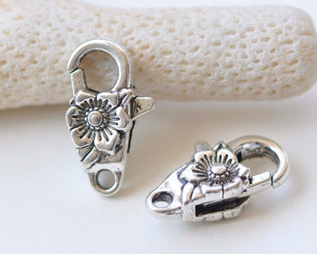 10 pcs Antique Silver Flower Lobster Clasps 11x24mm A2356