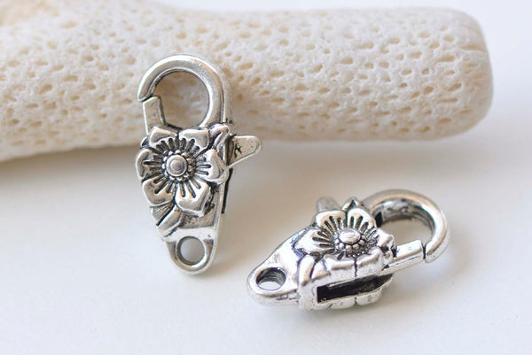 10 pcs Antique Silver Flower Lobster Clasps 11x24mm A2356