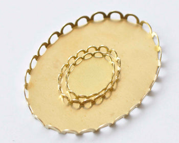 10 pcs Raw Brass Oval Pendant Tray Blanks Scalloped Edge