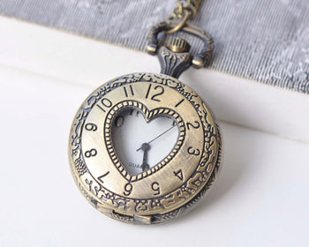 Antique Bronze Cut Out Heart Cover Round Pocket Watch Necklace A5942