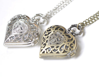 1 PC Antique Bronze/Platinum Heart Pocket Watch Necklace