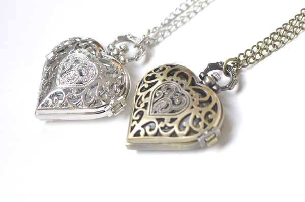 1 PC Antique Bronze/Platinum Heart Pocket Watch Necklace