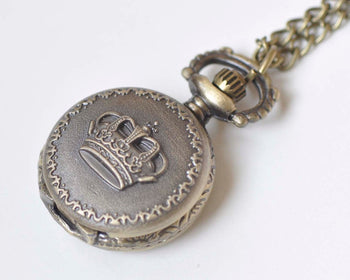Antique Bronze Small Crown Round Pocket Watch Necklace Set of 1