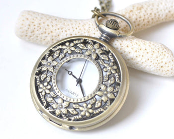 Antique Bronze Large Flower Leaf Pocket Watch Necklace Set of 1 A2164