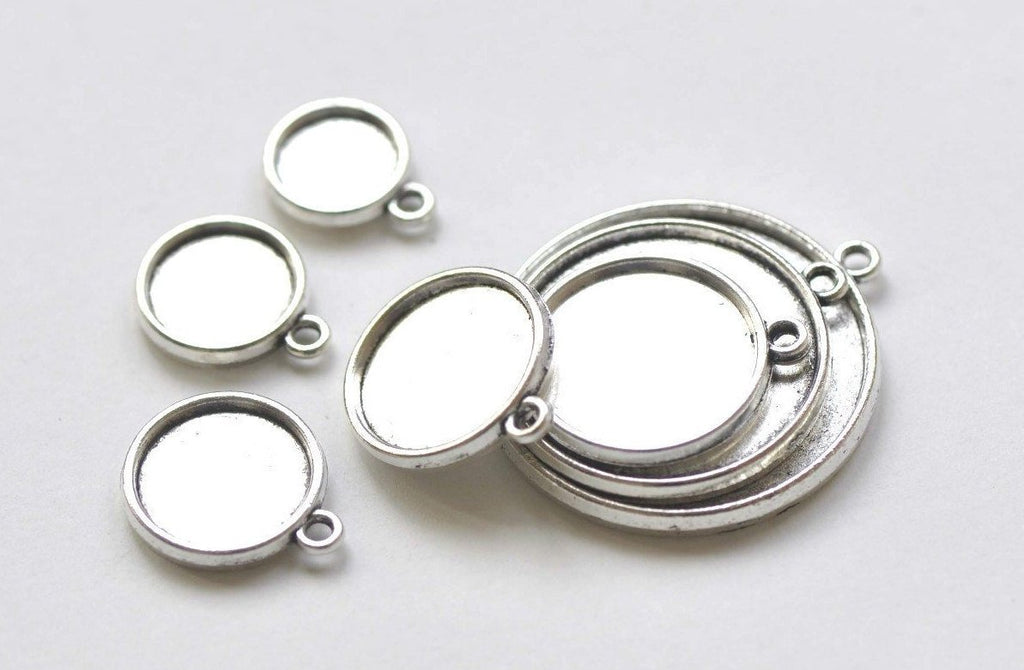 20 pcs Antique Silver Double Sided Round Cameo Base Setting Pendant Tray