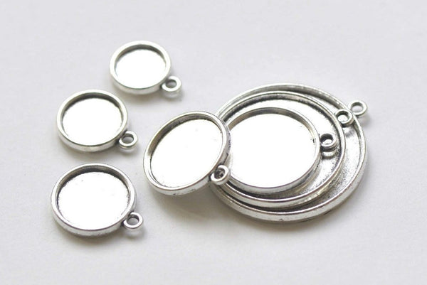 20 pcs Antique Silver Double Sided Round Cameo Base Setting Pendant Tray